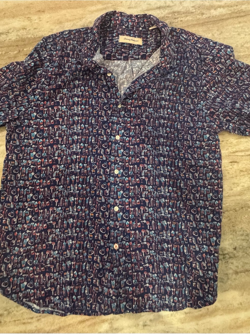 Tommy Bahama Navy Short-Sleeve Button-Down with Multicolor Cocktail Print
